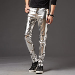 
2025 autumn and winter men's leather pants Korean style slim-fitting trousers stage performance men's motorcycle men's shiny silver mid-waist