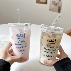 Ins Style Glass Cup, High Aesthetic Water Cup, Coffee Cup, Glass Cup with Straw, Letter Print, Household Milk Glass Cup