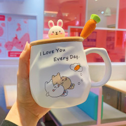 Rabbit Water Cup, Cute Mug with Lid and Spoon, High-Looking Ceramic Cup for Women, Home Office Coffee Breakfast Cup