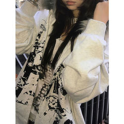 Y2K American-Style Gray Fur Collar Sweatshirt Jacket for Women, Winter Subculture Outfit, Fleece-Lined and Thickened Hooded Top, Visual Style