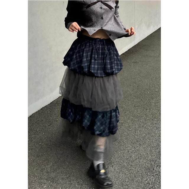 American retro plaid stitching mesh skirt female 2024 autumn niche design feel cake multi -layer Y2K long skirt