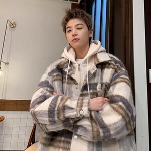 
Extra large size 300*0.5kg American fake two-piece plaid coat for men in winter thickened and warm retro woolen hooded cotton coat 2