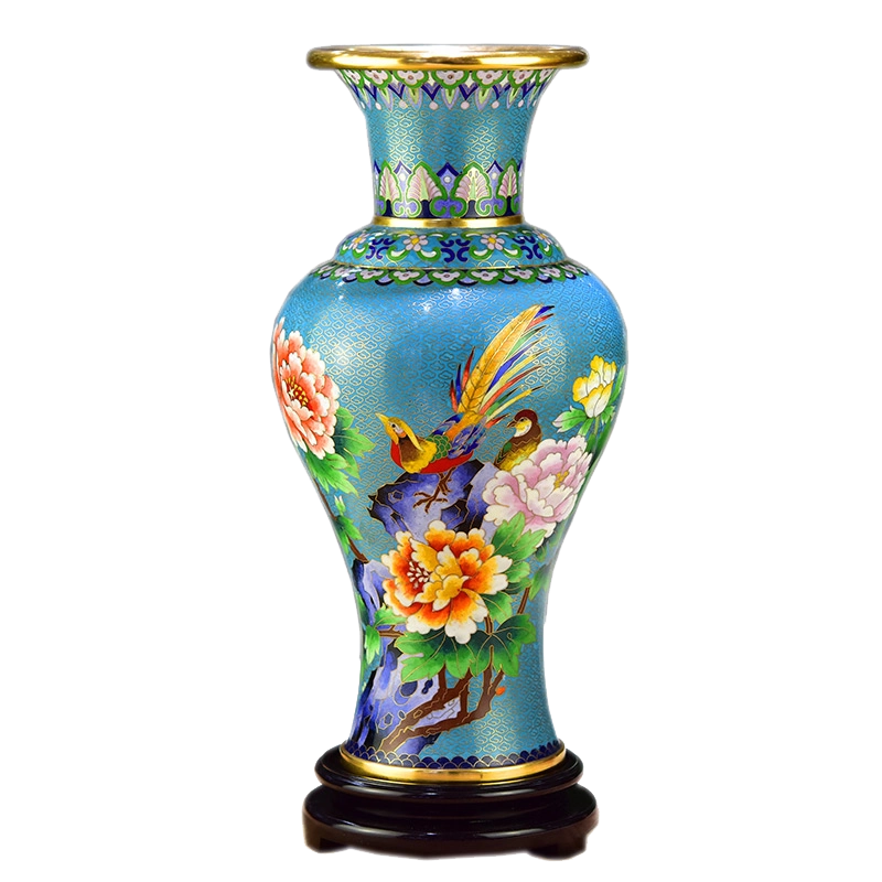 1571  景泰藍　花瓶2客　花台2客付き　骨董　時代物 北京珐琅景泰蓝花瓶丁明鸿15寸锦绣瓶客厅办公室铜胎掐丝珐琅