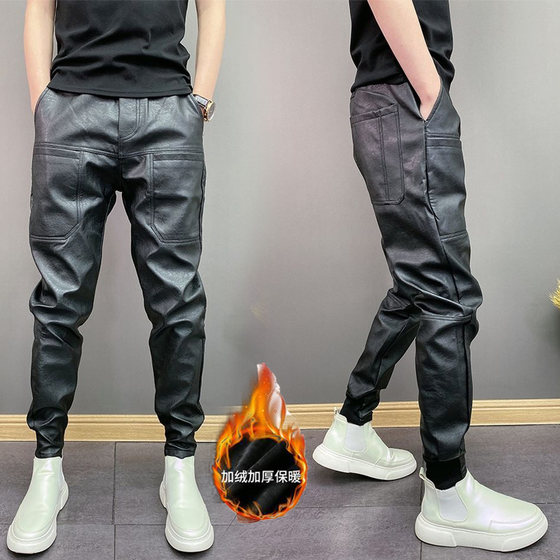 Autumn and Winter Trendy Plush Thick PU Leather Pants for Men, Windproof and Waterproof, Six Pockets, Solid Color, Rascal and Handsome, Straightened Feet, Casual Nine Cent Pants