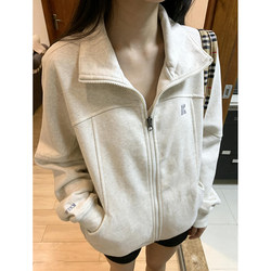 American Retro Heavy Embroidery Stand-Up Collar Sweatshirt for Women, Autumn and Winter Fleece-Lined Warm Lazy Style Jacket with Zipper Cardigan