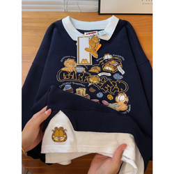 Garfield Plush Embroidered Faux Two-Piece Sweatshirt for Women, Autumn and Winter, Fleece-Lined, Thickened, Unique Design, Niche Couple Long-Sleeve Top