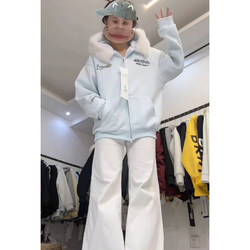 Cute Cat Ear Long-Sleeve Hooded Sweatshirt for Women, Winter Fleece-Lined, Thick, Loose, Casual, Versatile, Lazy Cardigan Jacket