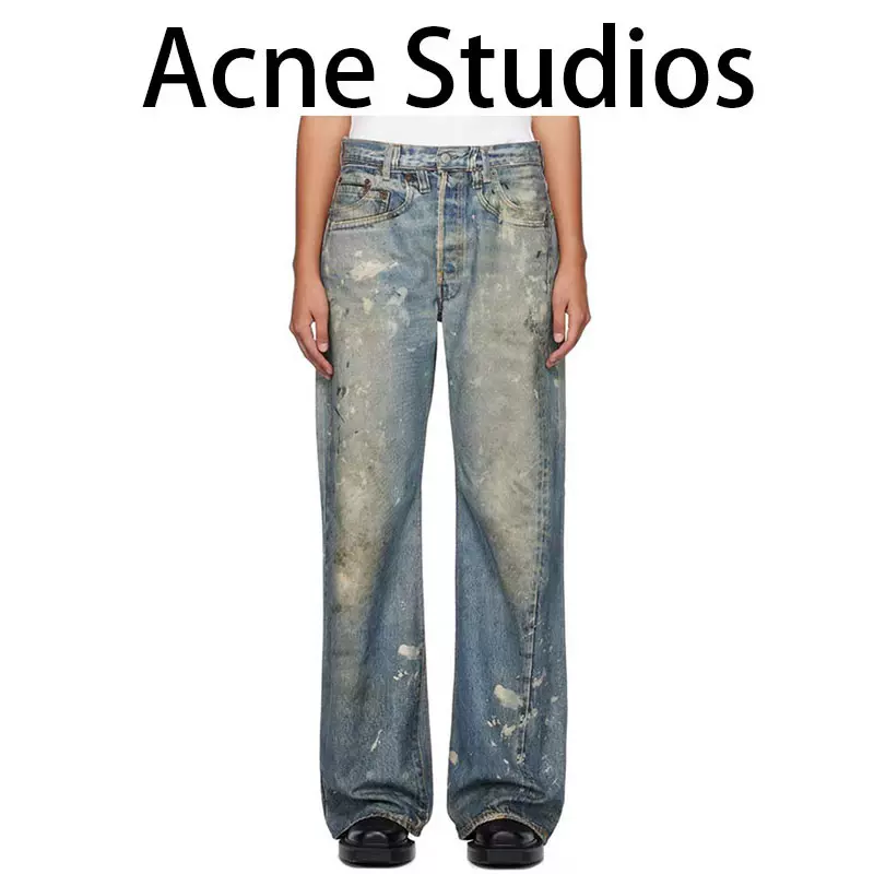 Acne Studios水洗直筒街头风侧面口袋绑带显高休闲阔腿工装牛仔裤 