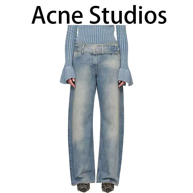 Acne Studios水洗直筒街头风侧面口袋绑带显高休闲阔腿工装牛仔裤 