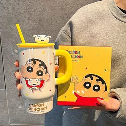 Crayon Shin-Chan Ceramic Mug with Lid, Couple's Water Cup, High-Value Gift Cup for Women, Household Drinking Cup, Large Capacity