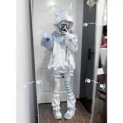 電子夢遊水色系統天使界隈水色連帽外套日系軟妹寬鬆綁帶拉鍊衛衣-Taobao