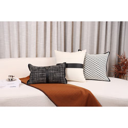 Model Room Black and White Checkered Throw Pillows, Living Room Sofa Cushion Set, Black Lumbar Pillow, High-End Coffee-Colored Stitched Edge Throw