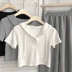 High-End Drawstring Hooded Short-Sleeved Top for Women 2025 New Summer Korean Style Elegant Versatile Slimming Short T-Shirt
