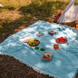 French-Style Blue Knitted Picnic Blanket ins Seaside Beach Mat Portable Grass Picnic Single-Person Camping Cushion