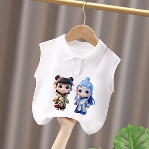 
2026 summer new baby Nezha pure cotton polo vest boys and girls cartoon tops children's bottoming shirts