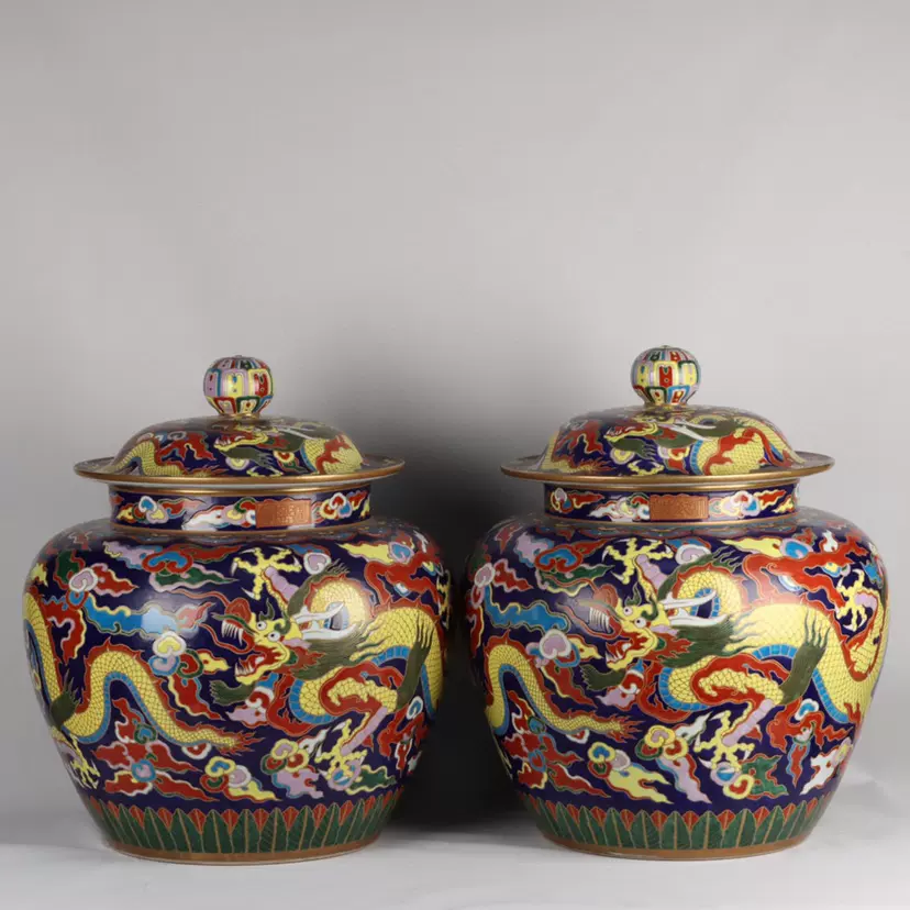 清乾隆霁蓝釉描金珐琅彩云龙纹大盖罐一对古董瓷器老物件收藏-Taobao
