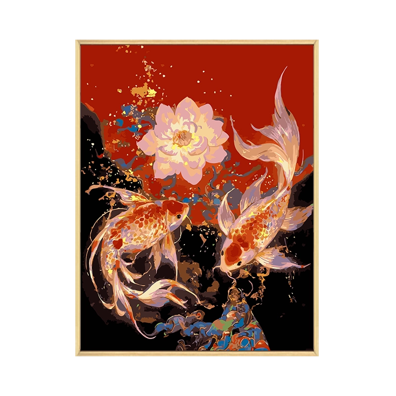 中国风锦鲤数字油画diy填充填色手工绘新年荷花丙烯油彩