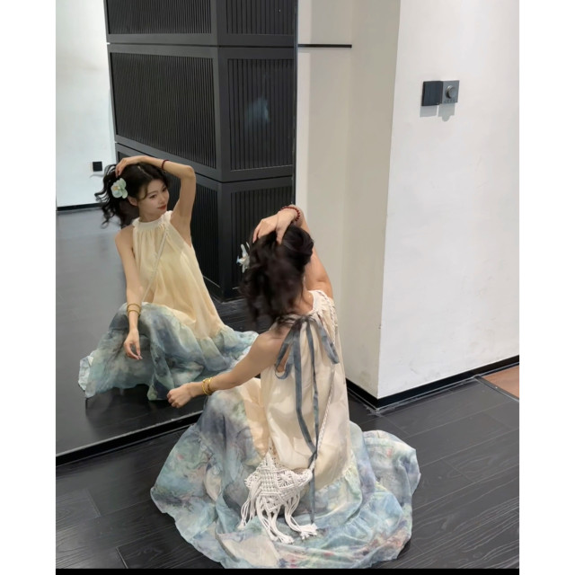 Seven-point candy New Chinese style Chinese style neck halter smudged off-shoulder sleeveless dress for women's summer loose vacation long skirt