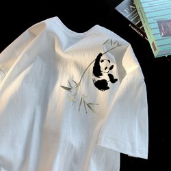 Chinese Style Men's Short-Sleeve T-Shirt with Panda and Bamboo Print, Summer Pure Cotton Five-Quarter Sleeve Top ins Trendy
