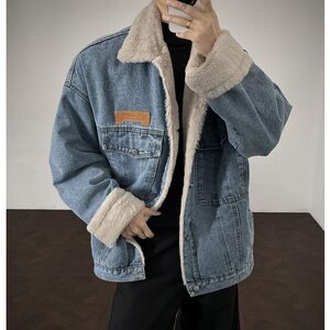 
Winter lamb velvet plus velvet thickened warm denim jacket men and women trendy loose Hong Kong style couple cotton coat trendy