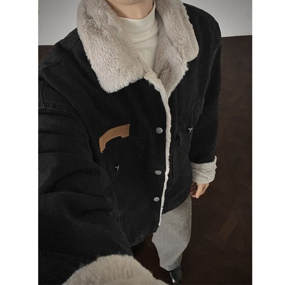 Lamb wool denim jacket men's winter loose plus velvet thickened cotton clothes Japanese washed trendy brand ins couple cotton clothes