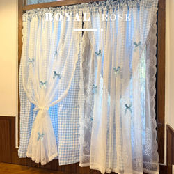Korean-Style Fresh and Simple Double-Layer Lace Blue Plaid Curtains, No-Drill Magic Tape French Country Style Adhesive Door Curtain