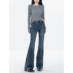 Abwear Autumn And Winter Blue Bootcut Jeans For Women 2023 New Velvet Slim Fit Horseshoe Flared Pants