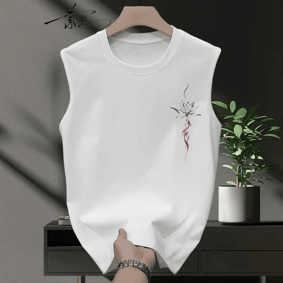 
National style white men's vest 2026 summer outer wear pure cotton lazy style sleeveless t-shirt bottoming shirt new waistcoat
