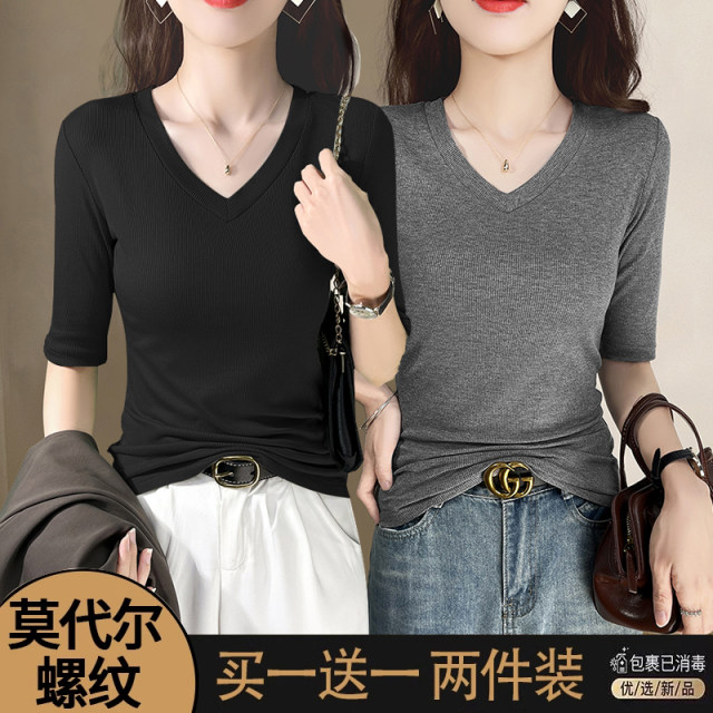 Black V-neck T-shirt for women with high-end mid-sleeved spring and summer new front shoulder versatile base shirt slim and slim temperament top

