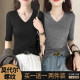 Black V-neck T-shirt for women with high-end mid-sleeved spring and summer new front shoulder versatile base shirt slim and slim temperament top
