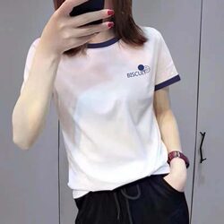 Spliced Short-Sleeve T-Shirt for Women, Loose Fit, Round Neck, Printed Letters, Pure Cotton, Short-Sleeve T-Shirt for Women, Loose Fit, Regular Shoulder, Slimming Effect, ins Trendy