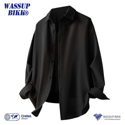 Wassup Bikk Drapey Ice Silk Black Long-Sleeve Shirt for Men, Spring and Summer Solid Color Loose Stylish Shirt Jacket