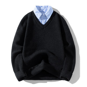 
2025 new spring and autumn handsome sweater lapel couple student trendy knitted sweater men loose top