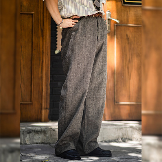 
Uncle Gu's [Rough Gentleman] Tweed hunting straight trousers for men's autumn and winter loose tweed casual trousers