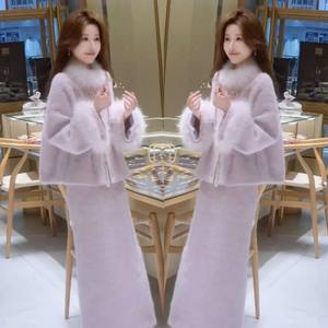 新中式温柔风 套装女2025冬季新款千金感淡紫色外套+半身裙两件套