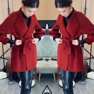 
High-end stylish fashionable tweed coat for women 2025 spring and autumn new lace-up burgundy medium-length wool coat