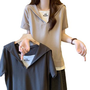 
Right shoulder short-sleeved T-shirt for women summer 2026 new Korean style loose large size women's fake two-piece navy collar versatile top