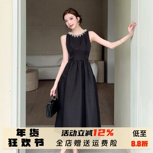 
French Hepburn style high-end black vest dress with women's temperament waist-hugging and slim high-waist evening dress beaded dress