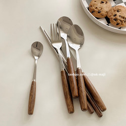 Ok Maji Korea ins Wooden Handle Knife and Fork Western-Style Fork and Spoon Stainless Steel Tableware Dessert Cake Spoon Fork