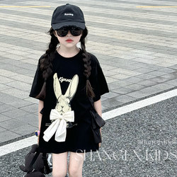 Girls' Short-Sleeved T-Shirt 2026 New Summer Children's Printed Rabbit Bow Top Black Short Korean Style Trendy