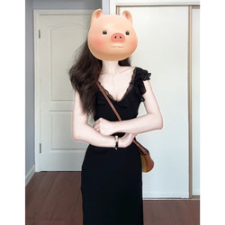 2026 New French-Style Elegant Black Ruffled Lace V-Neck Dress Summer Hepburn-Style Waist-Cinching Long Dress