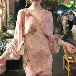 2026 New Style Gentle Pink Chiffon Floral Dress for Women, Spring French V-Neck Elegant Waist-Cinching Long Dress