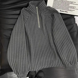 Tweed Style Fishbone Pattern Sweatshirt for Men, Autumn and Winter Fleece-Lined and Thickened, Half-Zip Long-Sleeve T-Shirt, Cool and High-End Jacket