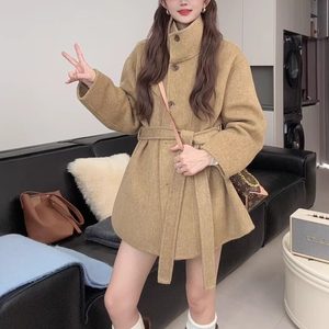
Autumn and winter stand collar lace-up short double-sided cashmere coat for women Korean high-end small person slim wool jacket