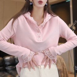 Pure Cotton Pink Lace Long-Sleeved Hooded T-Shirt for Women 2026 Spring and Autumn New Style Chic Design Base Shirt Top