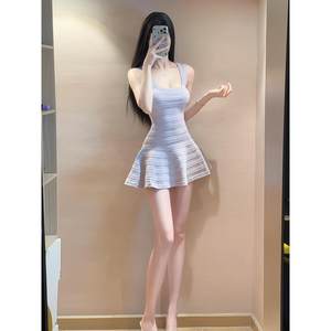 
Pure lust sexy hot girl purple knitted suspender dress unique and beautiful temperament waist A-line short skirt 25 summer