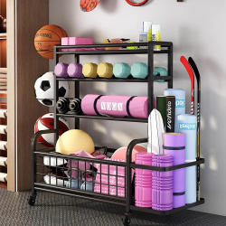 Home Fitness Equipment Storage Rack, Yoga Mat Holder, Sports Bottle Rack, Dumbbell Rack, Foam Roller, Movable Basketball Rack
