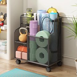 Yoga Mat Storage Basket, Fitness Equipment Storage Rack with Wheels, Household Basketball and Badminton Type Gap Storage Rack