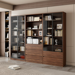 Solid Wood Bookcase and Storage Cabinet Integrated Home Living Room Wall-Mounted Display Cabinet with Glass Door and Full Wall Floor-To-Ceiling Cabinet