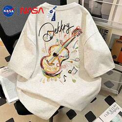 Nasa Co-Branded American Retro Heavyweight Pure Cotton Short-Sleeved Vibe Guitar T-Shirt for Men and Women, Summer Loose Trendy Top